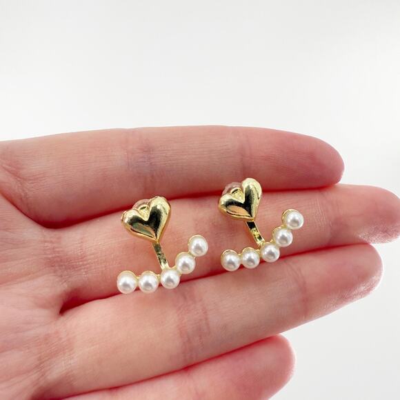 Pearl Heart Earrings, Dainty Gold Studs, Minimalist Pearl Beaded Earrings - Picture 1 of 4